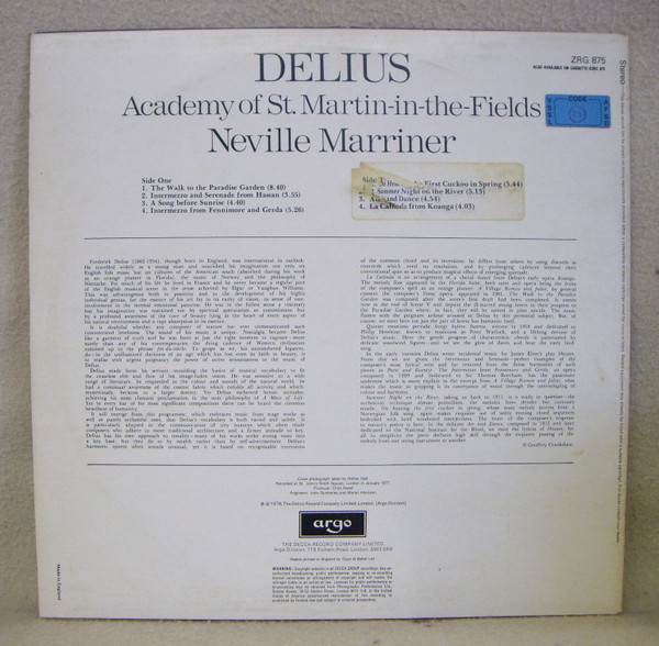 Frederick Delius – The Academy Of St. Martin-in-the-Fields , Sir Neville Marriner - The Walk To The Paradise Garden / On Hearing The First Cuckoo In Spring / Summer Night On The River | Argo (ZRG 875) - 2