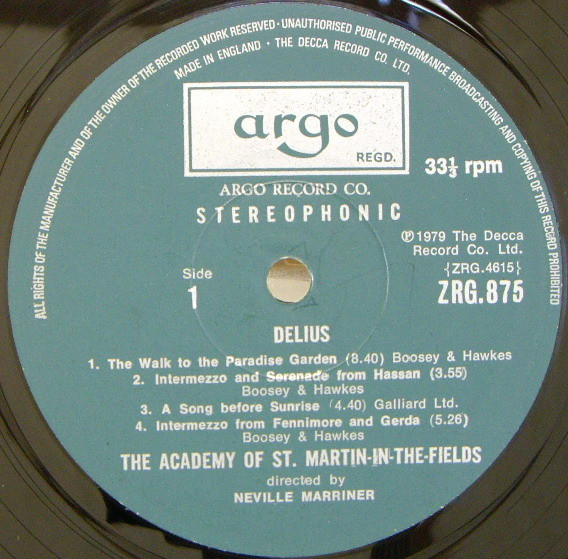 Frederick Delius – The Academy Of St. Martin-in-the-Fields , Sir Neville Marriner - The Walk To The Paradise Garden / On Hearing The First Cuckoo In Spring / Summer Night On The River | Argo (ZRG 875) - 3