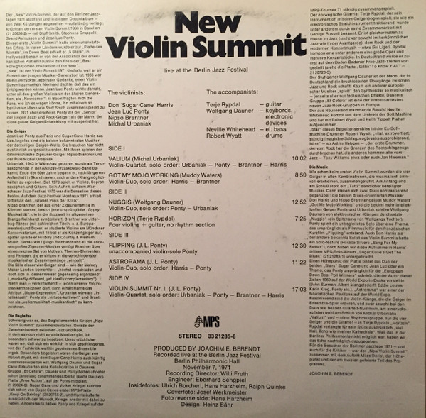 Don "Sugarcane" Harris , Jean-Luc Ponty , Nipso Brantner , Michał Urbaniak - New Violin Summit | MPS Records (33 21285-8) - 2