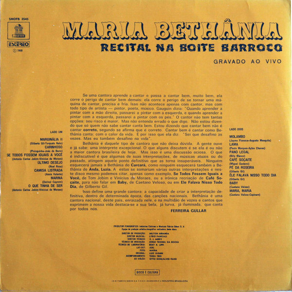 Maria Bethânia - Recital Na Boite Barroco | Odeon (SMOFB 3545) - 2