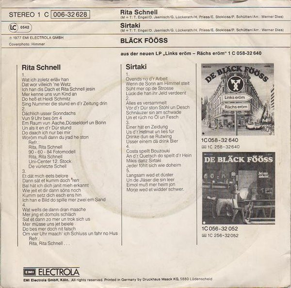 Bläck Fööss - Sirtaki / Rita Schnell | EMI (1C 006-32 628) - 2