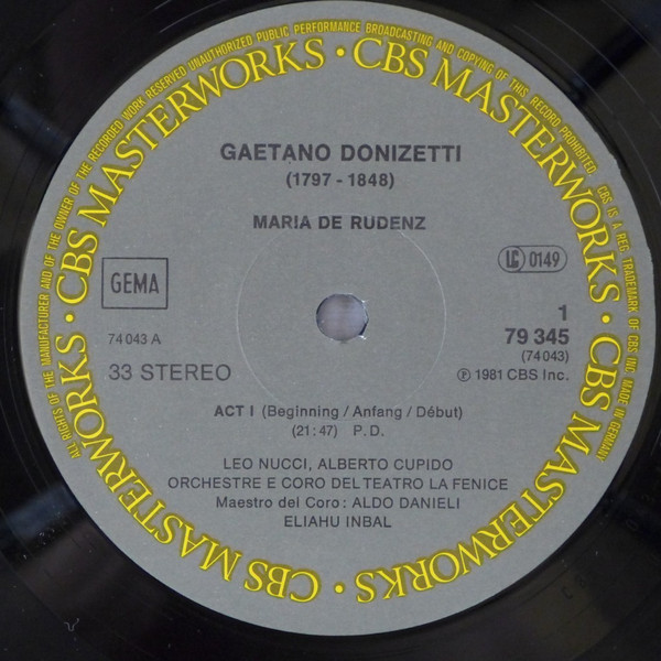 Gaetano Donizetti - Katia Ricciarelli , Leo Nucci , Alberto Cupido , Orchestra Del Teatro La Fenice e Coro Del Teatro La Fenice , Eliahu Inbal - Maria De Rudenz | CBS Masterworks (79345) - 2