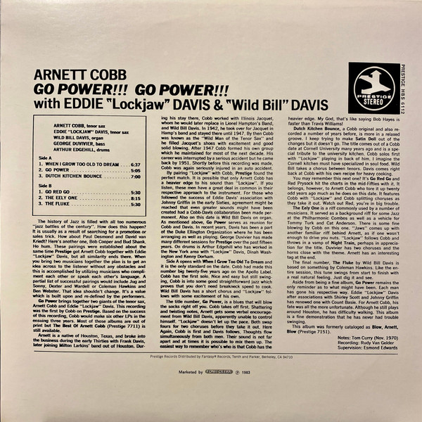 Arnett Cobb With Eddie "Lockjaw" Davis & Wild Bill Davis - Go Power!!! | Prestige (HBS 6112) - 2 Arnett Cobb With Eddie "Lockjaw" Davis & Wild Bill Davis - Go Power!!! | Prestige (HBS 6112) - 2