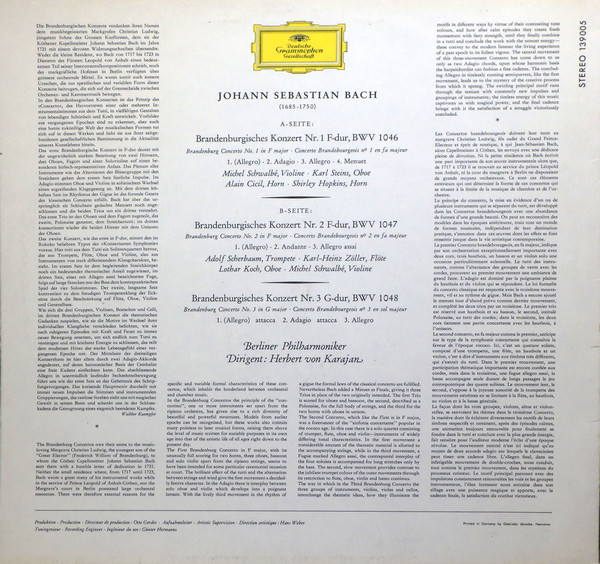Herbert von Karajan , Berliner Philharmoniker - Johann Sebastian Bach - Brandenburgische Konzerte Nr. 1, 2 & 3 | Deutsche Grammophon (139 005 SLPM) - 2