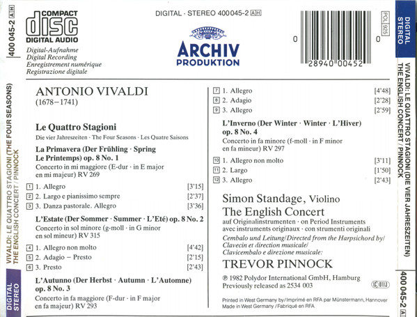 Antonio Vivaldi , The English Concert , Simon Standage , Trevor Pinnock - Le Quattro Stagioni = Die Vier Jahreszeiten = The Four Seasons = Les Quatre Saisons [CD] | Archiv Produktion (400 045-2) - 2