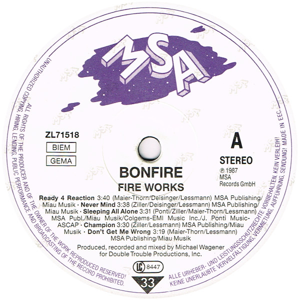 Bonfire - Fire Works | MSA Records (ZL 71518) - 3