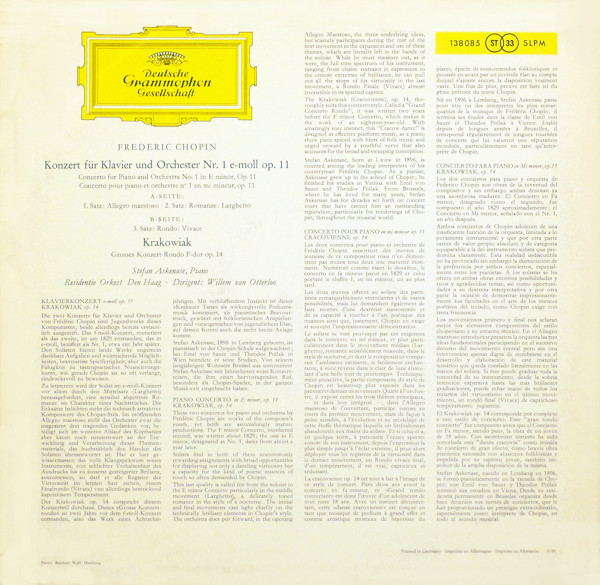 Frédéric Chopin - Stefan Askenase ∙ Residentie Orkest ∙ Willem Van Otterloo - Klavierkonzert Nr. 1 E-moll ∙ Krakowiak | Deutsche Grammophon (138 085 SLPM) - 2