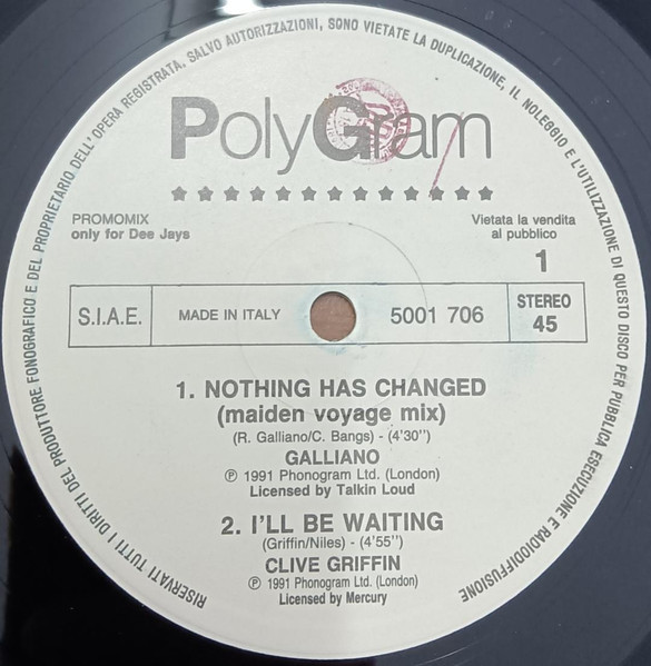 Galliano / Clive Griffin - Nothing Has Changed (Maiden Voyage Mix) / I'll Be Waiting / Long Train Running (Alma De Noche Mix) | PolyGram (5001 706) - main Galliano / Clive Griffin - Nothing Has Changed (Maiden Voyage Mix) / I'll Be Waiting / Long Train Running (Alma De Noche Mix) | PolyGram (5001 706) - main