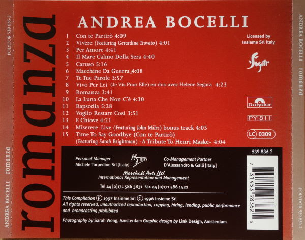 Andrea Bocelli - Romanza | Polydor (539 836-2) - 3 Andrea Bocelli - Romanza | Polydor (539 836-2) - 3