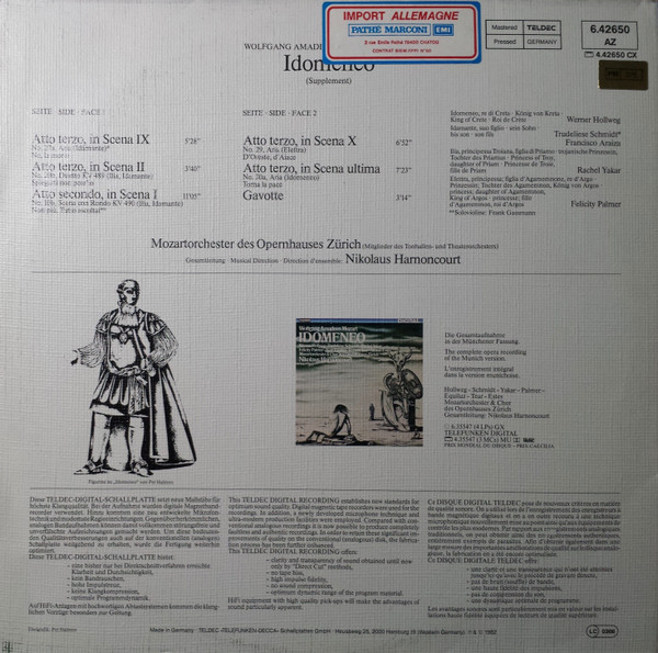 Wolfgang Amadeus Mozart , Nikolaus Harnoncourt , Mozartorchester Des Opernhauses Zürich - Idomeneo (Supplement) | Telefunken (6.42650) - 2