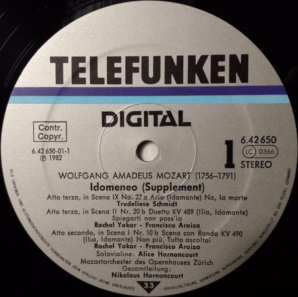 Wolfgang Amadeus Mozart , Nikolaus Harnoncourt , Mozartorchester Des Opernhauses Zürich - Idomeneo (Supplement) | Telefunken (6.42650) - 3