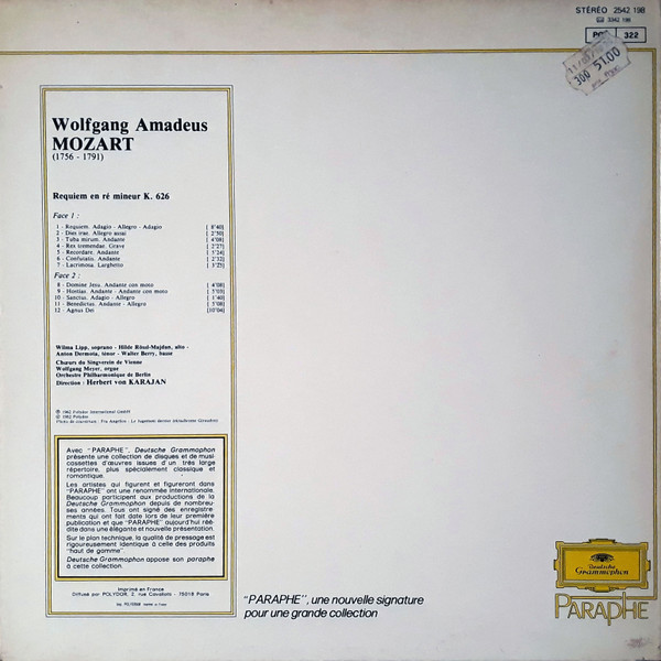 Wolfgang Amadeus Mozart / Berliner Philharmoniker , Herbert von Karajan , Wilma Lipp , Hilde Rössel-Majdan , Anton Dermota , Walter Berry , Wiener Singverein - Requiem | Deutsche Grammophon (2542 198) - 2
