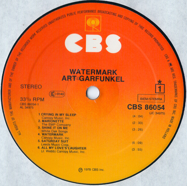 Art Garfunkel - Watermark | CBS (86054) - main Art Garfunkel - Watermark | CBS (86054) - main
