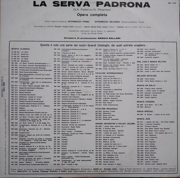 Giovanni Battista Pergolesi , Virginia Zeani , Nicola Rossi-Lemeni , NDR Sinfonieorchester , George Singer - La Serva Padrona | International Joker Production (SM 1100) - 2