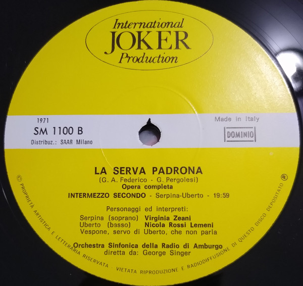 Giovanni Battista Pergolesi , Virginia Zeani , Nicola Rossi-Lemeni , NDR Sinfonieorchester , George Singer - La Serva Padrona | International Joker Production (SM 1100) - 4