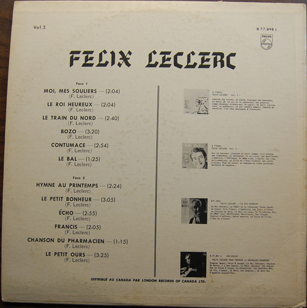 Félix Leclerc - Vol. 2 [Vinyl] | Philips (B.77.898 L) - 2