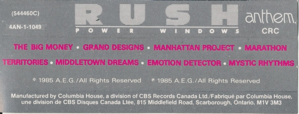 Rush - Power Windows [Cassette] | Anthem (4AN-1-1049) - 2