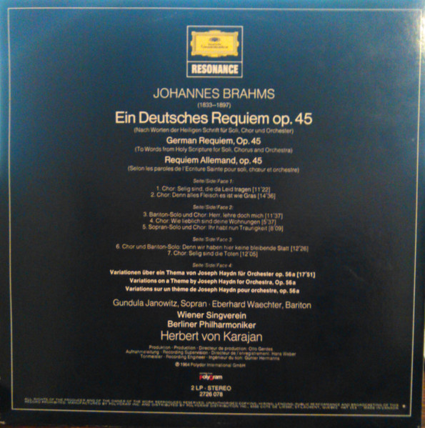 Johannes Brahms , Gundula Janowitz , Eberhard Wächter , Wiener Singverein , Berliner Philharmoniker , Herbert von Karajan - Ein Deutsches Requiem, Haydn - Variations | Deutsche Grammophon (2726 078) - 2 Johannes Brahms , Gundula Janowitz , Eberhard Wächter , Wiener Singverein , Berliner Philharmoniker , Herbert von Karajan - Ein Deutsches Requiem, Haydn - Variations | Deutsche Grammophon (2726 078) - 2