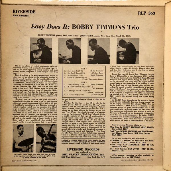 The Bobby Timmons Trio - Easy Does It | Riverside Records (RLP 363) - 2 The Bobby Timmons Trio - Easy Does It | Riverside Records (RLP 363) - 2