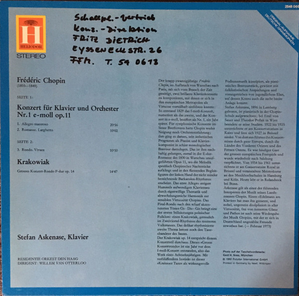 Frédéric Chopin - Stefan Askenase , Residentie Orkest , Willem Van Otterloo - Klavierkonzert Nr. 1 In E-moll, Krakowiak | Heliodor (2548 066) - 2 Frédéric Chopin - Stefan Askenase , Residentie Orkest , Willem Van Otterloo - Klavierkonzert Nr. 1 In E-moll, Krakowiak | Heliodor (2548 066) - 2