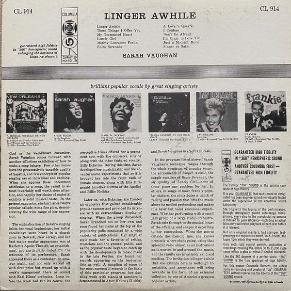 Sarah Vaughan - Linger Awhile | Columbia (CL 914) - 2 Sarah Vaughan - Linger Awhile | Columbia (CL 914) - 2