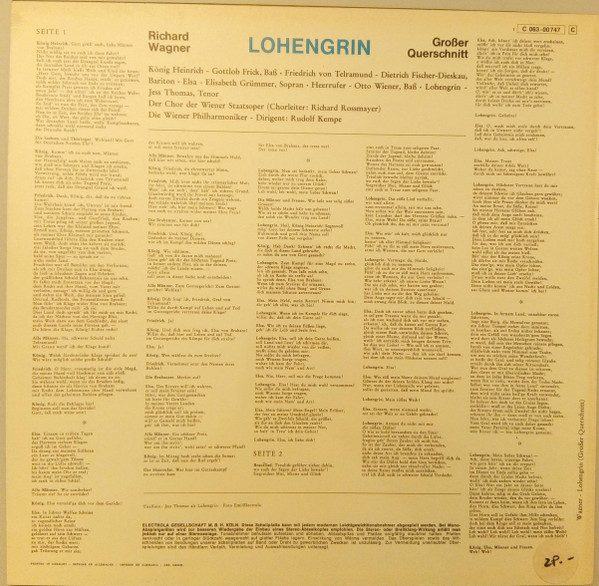 Richard Wagner , Elisabeth Grümmer , Dietrich Fischer-Dieskau , Gottlob Frick , Wiener Staatsopernchor , Wiener Philharmoniker , Rudolf Kempe - Lohengrin - Grosser Querschnitt | His Master's Voice (1C 063-00 747 C) - 2