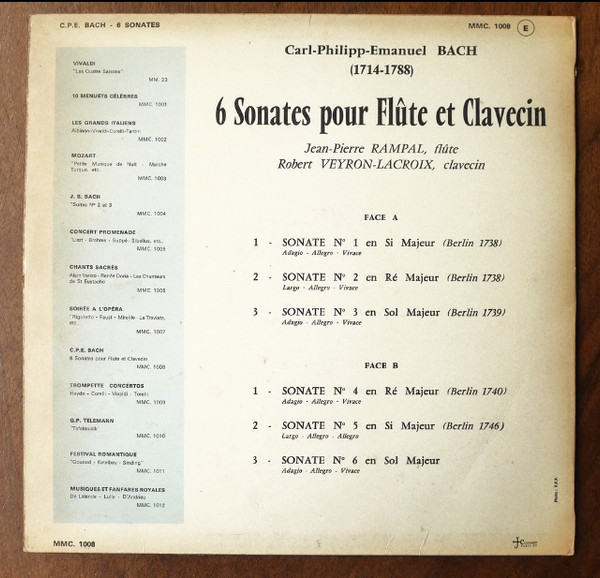 Carl Philipp Emanuel Bach - Jean-Pierre Rampal , Robert Veyron-Lacroix - 6 Sonates Pour Flûte Et Clavecin | Mondio Music Classique (MMC. 1008) - 2