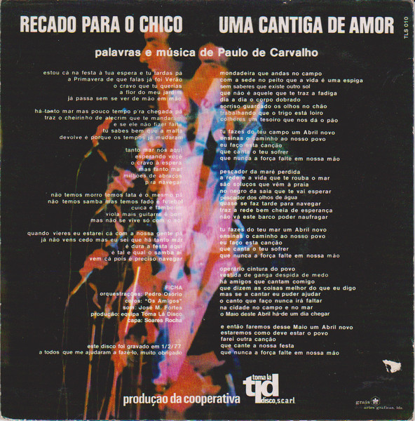 Paulo De Carvalho - Recado Para O Chico / Uma Cantiga De Amor | Toma Lá Disco (TLS 010) - 3