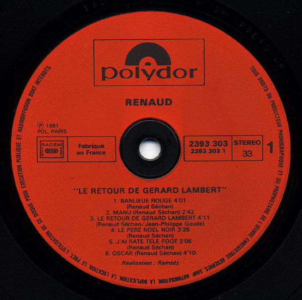 Renaud - Le Retour De Gérard Lambert | Polydor (2393 303) - 2