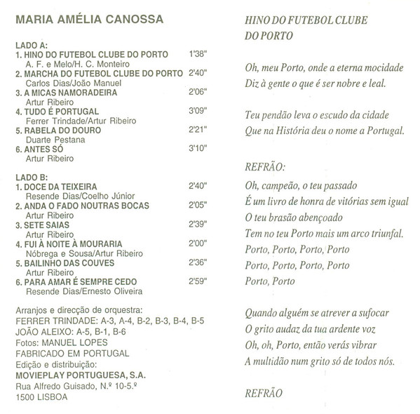 Maria Amélia Canossa - Hino E Marcha Do Futebol Clube Do Porto - Centenário 1893-1993 | Movieplay (MOV 20 286) - 2 Maria Amélia Canossa - Hino E Marcha Do Futebol Clube Do Porto - Centenário 1893-1993 | Movieplay (MOV 20 286) - 2