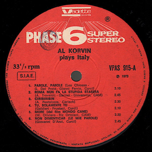 Al Korvin - Plays Italy | Phase 6 Super Stereo (VPAS 915) - 3