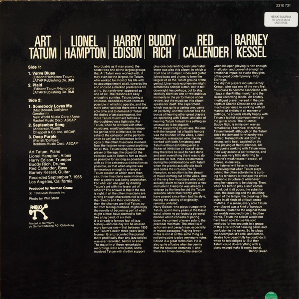 Art Tatum / Lionel Hampton / Harry Edison / Buddy Rich / Red Callender / Barney Kessel - The Tatum Group Masterpieces | Pablo Records (2310-731) - 2 Art Tatum / Lionel Hampton / Harry Edison / Buddy Rich / Red Callender / Barney Kessel - The Tatum Group Masterpieces | Pablo Records (2310-731) - 2