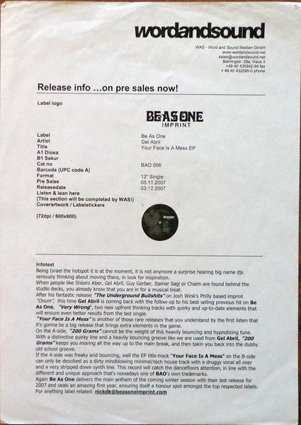 Gel Abril - Your Face Is A Mess EP | Be As One Imprint (BAO 006) - main
