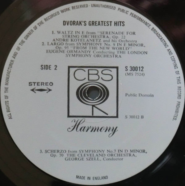 Antonín Dvořák - Dvorak's Greatest Hits | CBS Harmony (30012) - 2