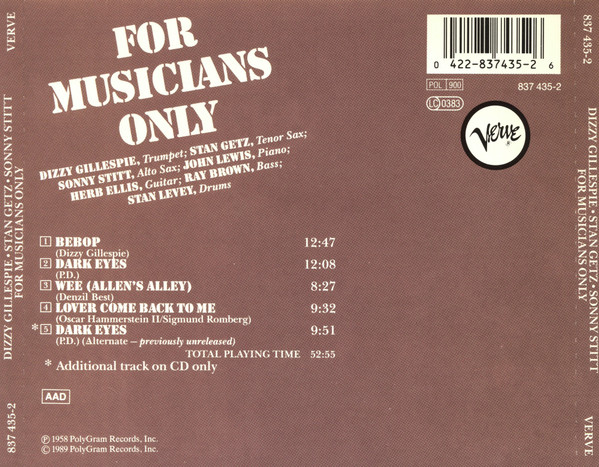 Dizzy Gillespie • Stan Getz • Sonny Stitt - For Musicians Only | Verve Records (837 435-2) - 2