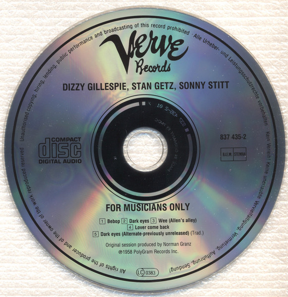 Dizzy Gillespie • Stan Getz • Sonny Stitt - For Musicians Only | Verve Records (837 435-2) - 3
