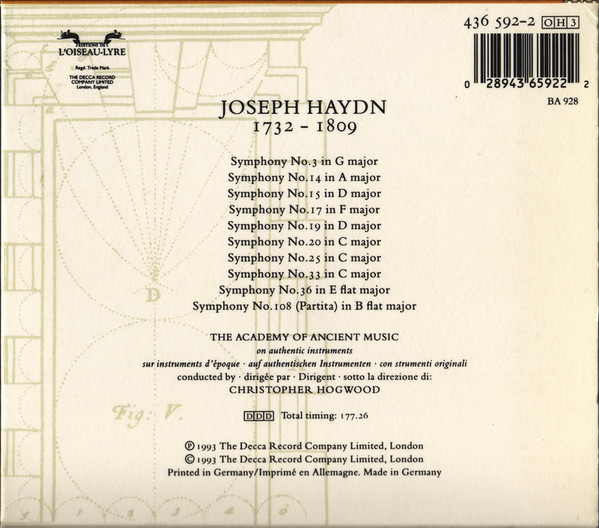 Joseph Haydn - The Academy Of Ancient Music , Christopher Hogwood - Symphonies C. 1760–63 / 3 14 15 17 19 20 25 33 36 108 / Volume 2 | L'Oiseau-Lyre (436 592-2) - 2