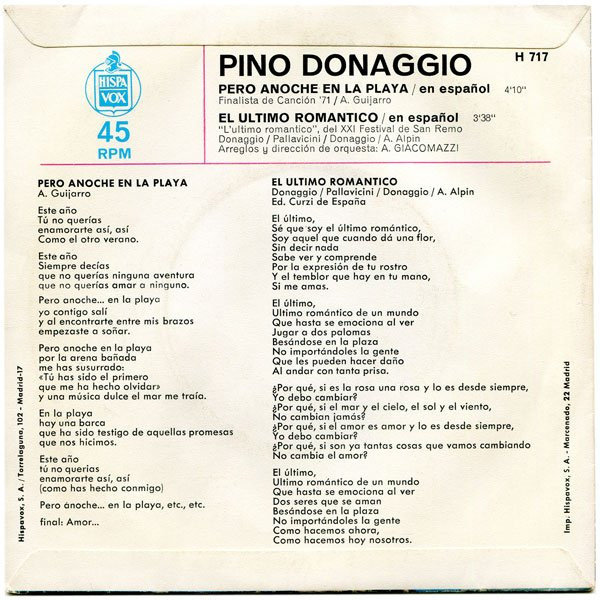 Pino Donaggio - (En Español) Pero Anoche En La Playa / El Ultimo Romantico | Carosello (H 717) - 2