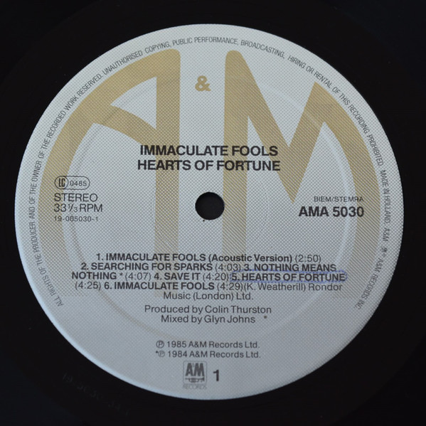 Immaculate Fools - Hearts Of Fortune | A&M Records (AMA 5030) - 3