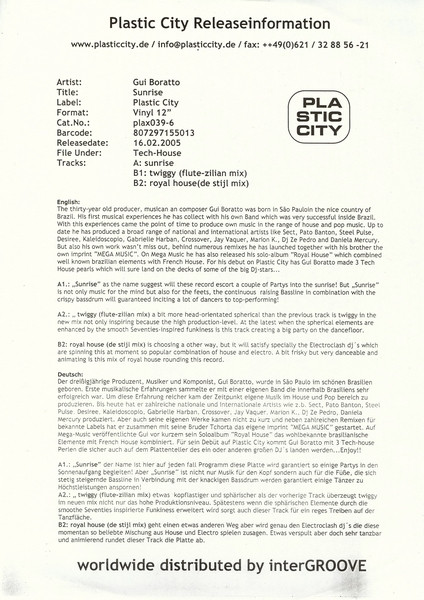 Gui Boratto - Sunrise | Plastic City (PLAX039-6)