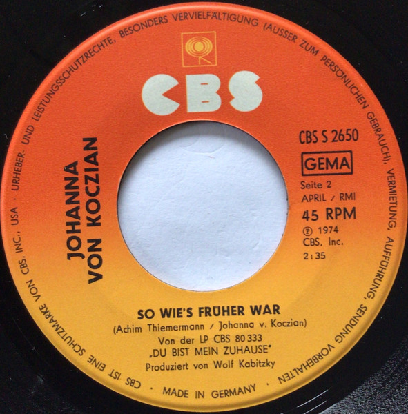 Johanna Von Koczian - Keinen Pfennig / So Wie's Früher War | CBS (CBS S 2650) - 4