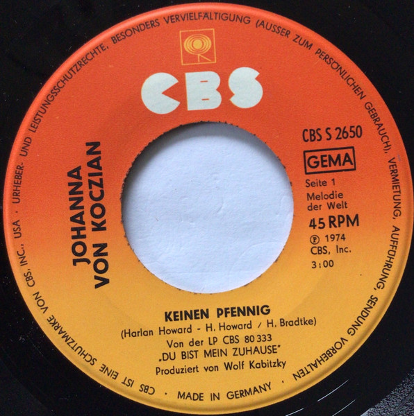 Johanna Von Koczian - Keinen Pfennig / So Wie's Früher War | CBS (CBS S 2650) - 3