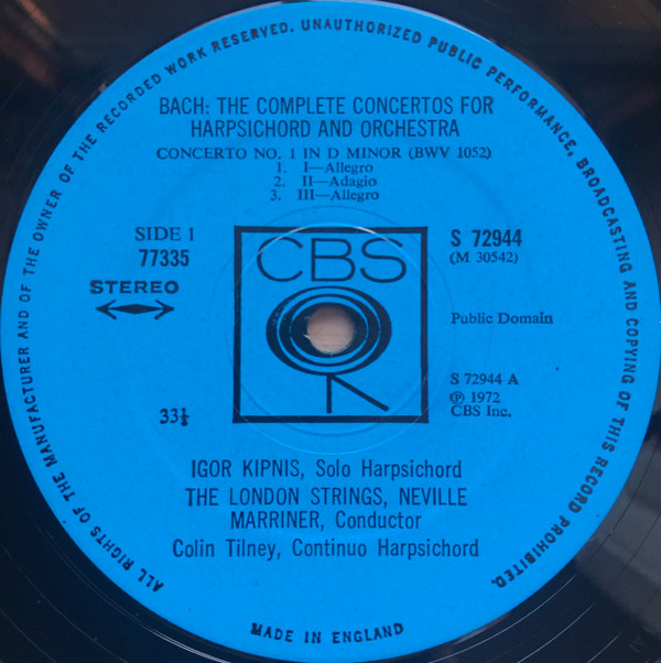 Igor Kipnis , The London Strings , Sir Neville Marriner , Johann Sebastian Bach - Bach: The Complete Concertos For Harpsichord And Orchestra | CBS (77335) - main