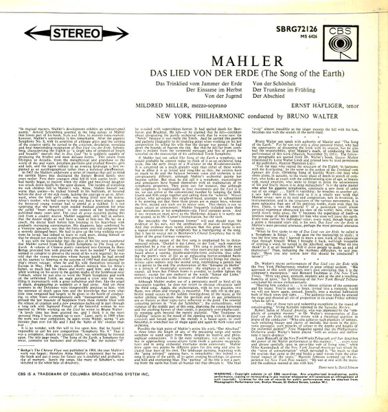 Bruno Walter Conducts Gustav Mahler - New York Philharmonic ; Mildred Miller , Ernst Haefliger - Das Lied Von Der Erde | CBS (SBRG72126 (MS 6426)) - 2