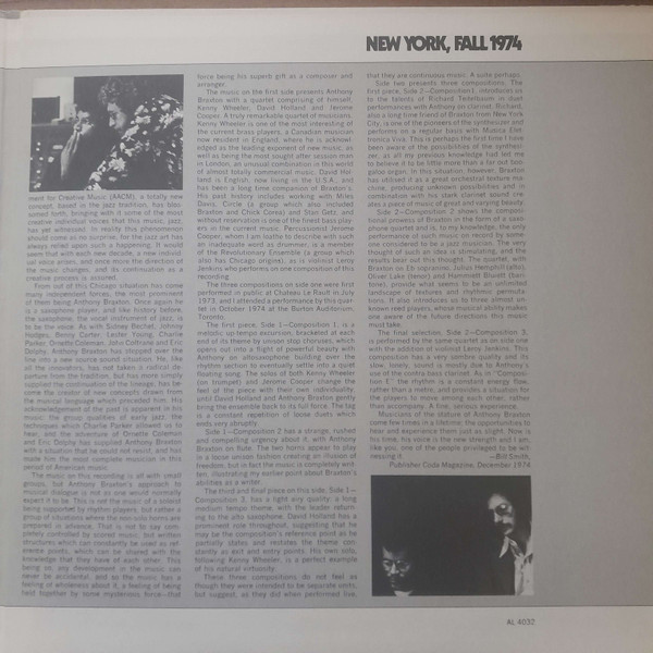 Anthony Braxton - New York, Fall 1974 | Arista (AL 4032) - 4 Anthony Braxton - New York, Fall 1974 | Arista (AL 4032) - 4