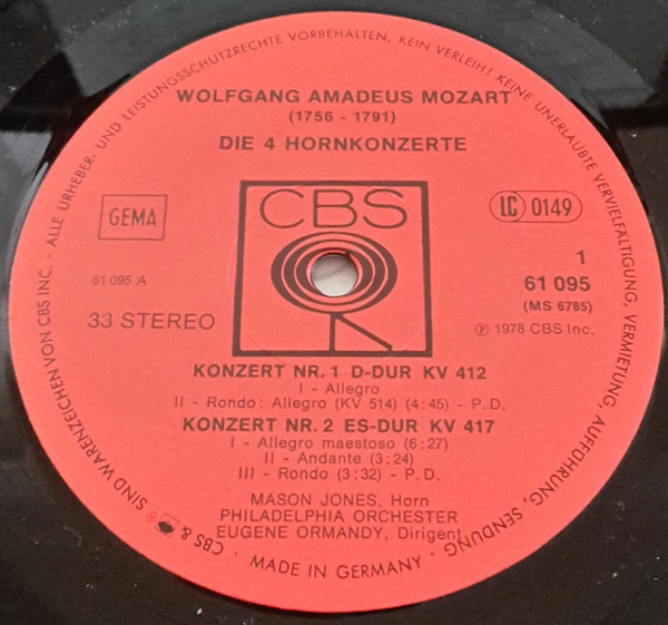 Wolfgang Amadeus Mozart - Mason Jones , The Philadelphia Orchestra , Ltg. Eugene Ormandy - Die 4 Hornkonzerte | CBS (CBS 61095) - 2