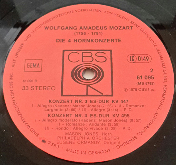 Wolfgang Amadeus Mozart - Mason Jones , The Philadelphia Orchestra , Ltg. Eugene Ormandy - Die 4 Hornkonzerte | CBS (CBS 61095) - 3