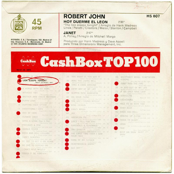 Robert John - Hoy Duerme El Leon | Atlantic (HS 807) - 2