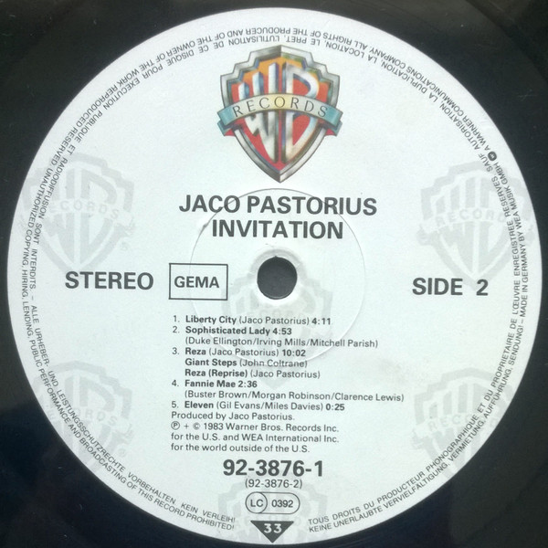 Jaco Pastorius - Invitation | Warner Bros. Records (92-3876-1)