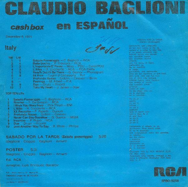 Claudio Baglioni - Sabado Por La Tarde | RCA Victor (SPBO-9258) - 2